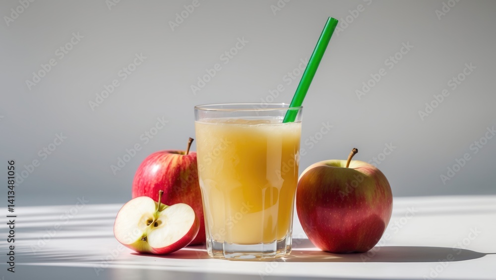 Poster apple juice served in a glass with a simple background