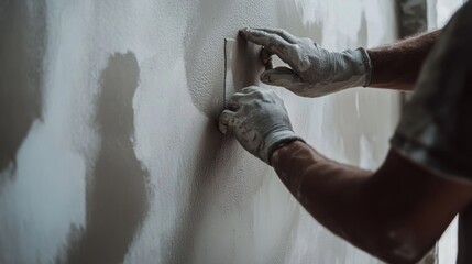 Construction worker applying plaster to a new wall. Featuring wall finishing and construction tasks