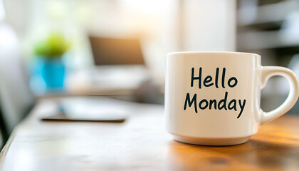 White coffee cup with Hello Monday on wooden table over blurred white office background