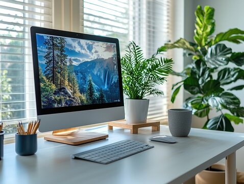 Serene Home Office Setup with iMac and Plants - Powered by Adobe