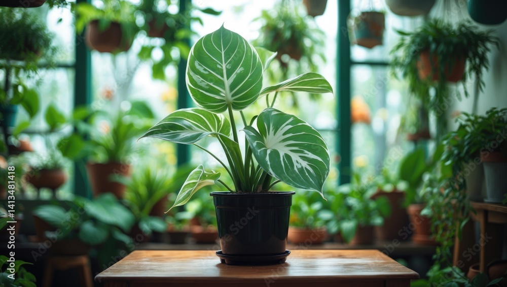 Aufkleber elegant caladium variegata in a black pot resting on a table