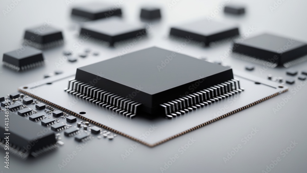Poster macro image of a microchip set against a background. computer hardware tech. isolated integrated com