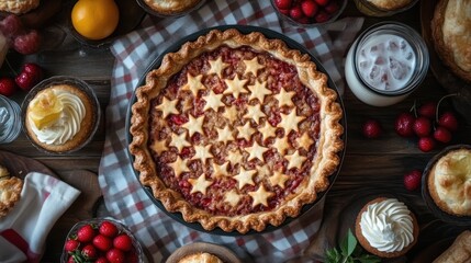 Delicious StarAdorned Pie with Fresh Berries and Creamy Desserts on a Rustic Table Setting