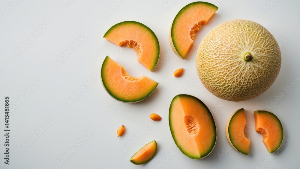 Poster cantaloupe melon on a white background with full depth of field, top view, and space for text.