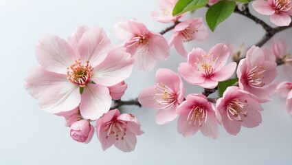 Stunning almond blossoms set against a white backdrop. Various forms of spring pink flowers. Delicate blooms on their own.