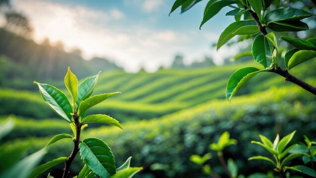 Morning view of fresh tea leaves on trees in the plantation