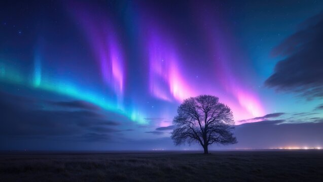 Northern lights and solitary tree in the meadows.
