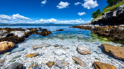 Serene seascape crystal clear water rocks and sunny sky