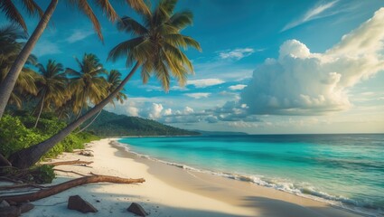 Stunning beach with sea, sand, and coconut palms against a backdrop of blue sky and fluffy clouds