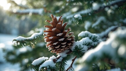 Winter tree branch with snow and cedar cones