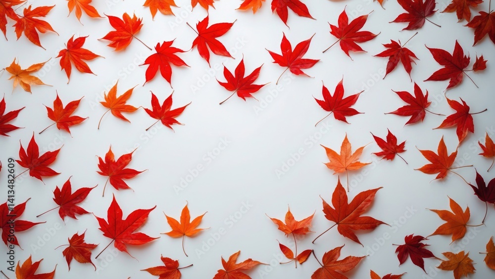 Poster autumn layout. white background framed with maple leaves. flat lay, top-down view, space for text