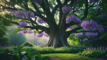Stunning 100-year-old chestnut tree in vibrant forest with birds hanging around.