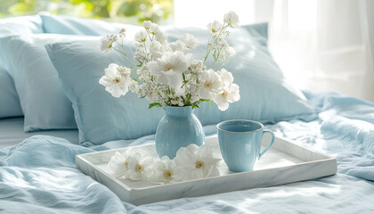 Marble white tray holding white flowers in a vase and a blue pastel cup on a bed with pastel blue linens and pillows
