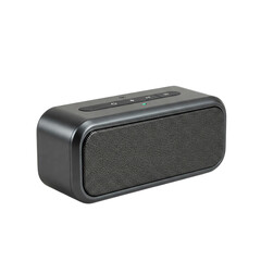 Obraz premium A sleek, portable Bluetooth speaker, perfect for on-the-go music enjoyment with a dark grey metallic finish and subtle control buttons.