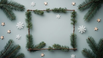 Christmas arrangement. Branch frame with decorations on a soft gray backdrop. Flat lay, overhead view, empty space, square