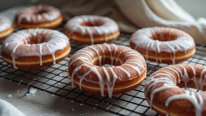Close-up of freshly made cinnamon donuts on a wire rack awaiting glaze to set