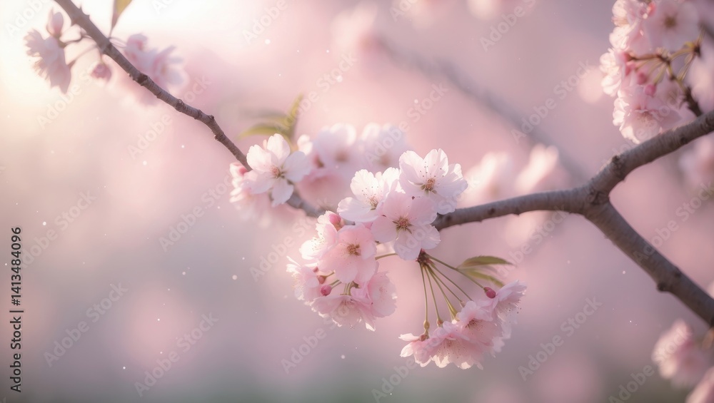 Poster cherry blossoms grouped together on a branch. shallow depth of field. focused on the central cluster