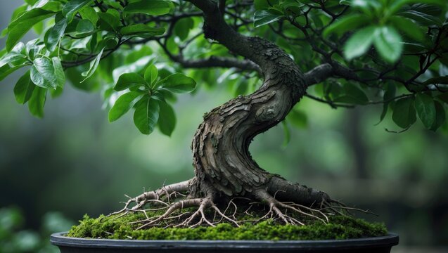 Close-up view of a gnarled trunk of an aged Bonsai tree