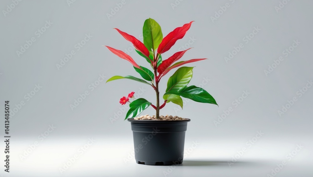 Poster decorative green and red tree with potted flowers isolated on background with clipping path and copy