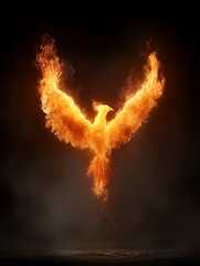 Fiery heart ablaze, a burning symbol of love's intense heat An image of an avian figure constructed from bright orange flames, depicted against a backdrop of black. The figure hovers slightly above 