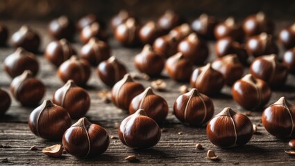 Group of horse chestnut tree seeds in close-up on a wooden surface.