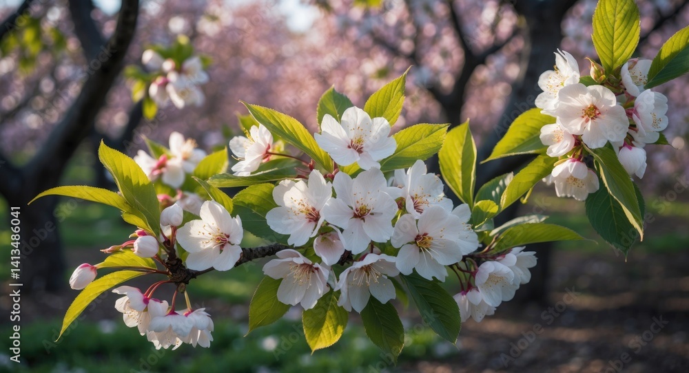 Poster fruit trees in the orchard are embellished with spring blossoms, showcasing their fragile petals in 