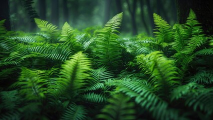 Forest scene with green fern leaves, natural backdrop and selective focus. High-quality image