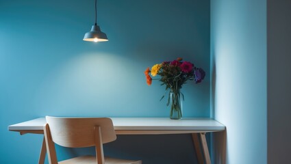 Wooden chair and table set in a modern office space