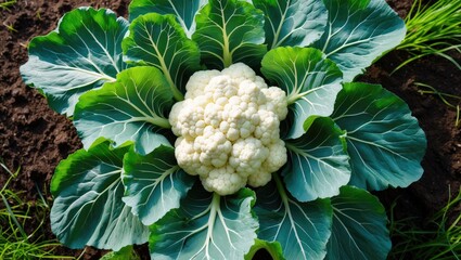 An energetic cauliflower plant exhibiting its bright green leaves that are broad and detailed. Centrally located, a growing cauliflower head can be observed, indicating it is maturing.