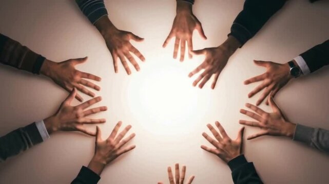 Unity and Collaboration: Diverse Hands Joined in a Circle of Light