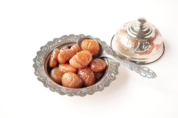 Traditional Turkish Candied Chestnuts designed a copper plate with spoon