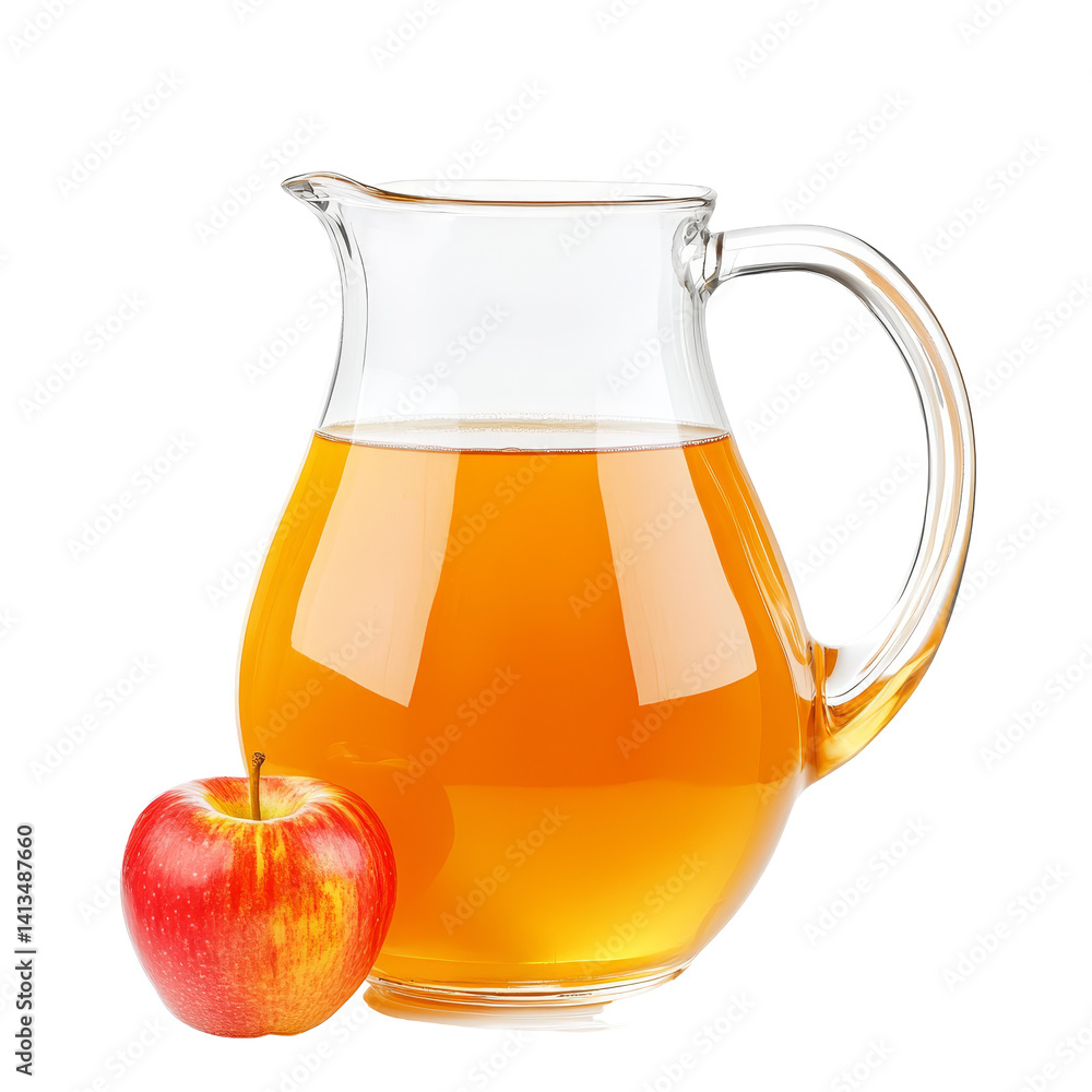 Poster fresh apple juice in a clear pitcher next to a ripe red apple against a transparent background, appl