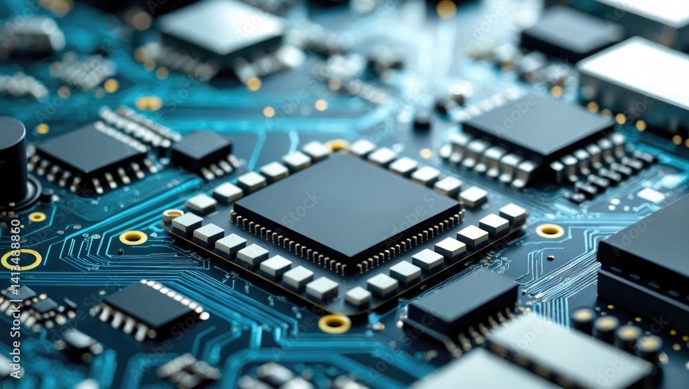 Poster circuit board technology. electronic hardware components for computers. digital chip on a motherboar