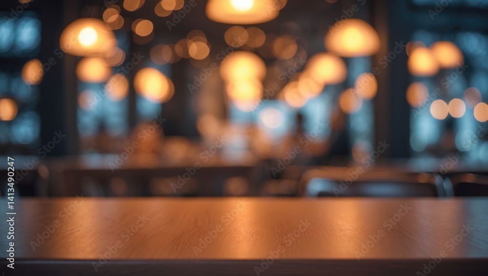Poster interior of a cafe featuring a customer and a wooden table with a blurred abstract background and bo