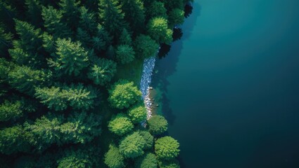 Overhead perspective of a blue lake bordered by rocky shores and summer greenery with pine trees.
