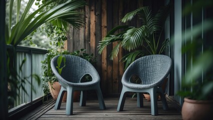 Fototapeta premium Two chairs on the balcony, grey, plastic, woven