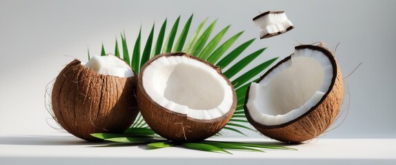 Coconut on white background, featuring whole, half, and piece with leaves, isolated. Broken white coconut in motion. Full depth of field.