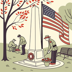 A serene and somber scene depicts three soldiers in military attire standing at attention near a monument in a cemetery.