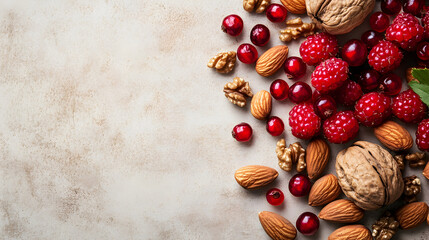 Fototapeta premium un fondo con espacio de copia con un puño de almendras nueces y frutos rojos comida saludable comida llena de nutricion y deliciosas semillas