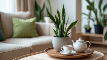 Table in a room with a snake plant, teapot, and cup, closeup view