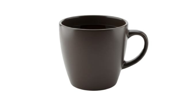 A dark brown ceramic mug filled with a dark liquid against a solid black background in a studio shot