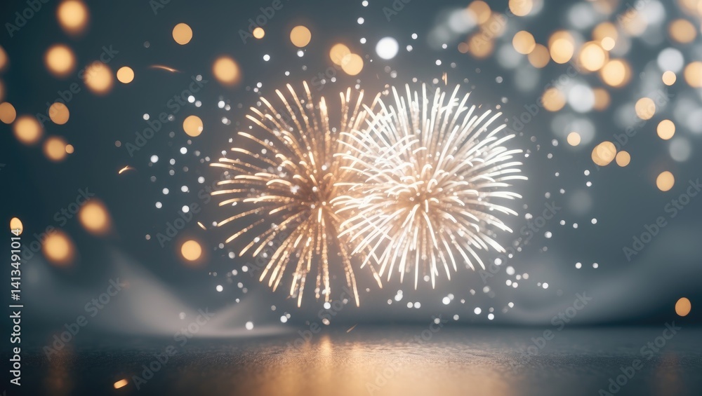 Aufkleber holiday-themed abstract backdrop featuring gold and silver fireworks with bokeh and empty space.