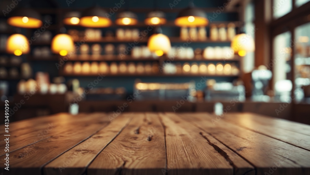 Poster blurred background of an empty table with a coffee shop ambiance for product showcase.