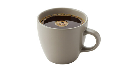 A close up shot of a full coffee mug with bubbles on top against a black background studio shot