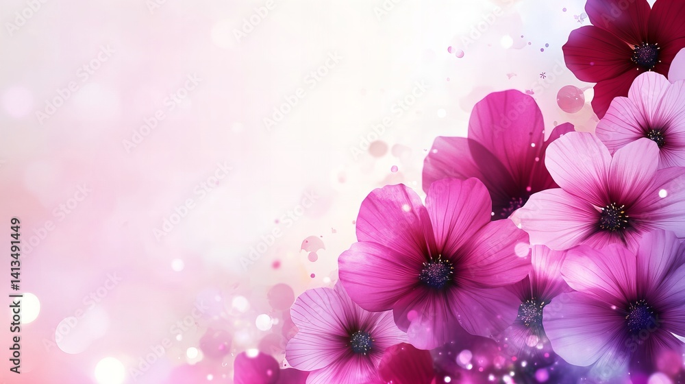 Poster pink flowers are arranged on the right side of the image with soft light and bokeh effects.