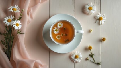 Top-down shot of chamomile tea with flowers steeping, set on a background with space for text
