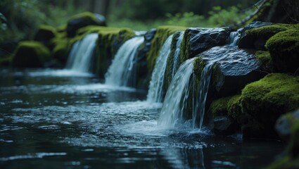 A magnificent waterfall cascades softly through the plants