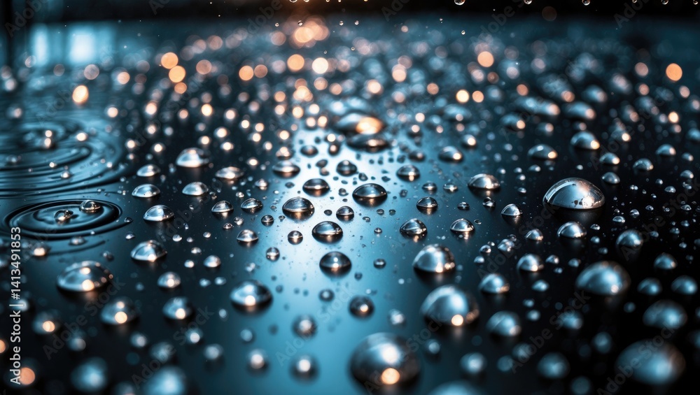 Poster segment of the series. background picture showcasing rain drops on dark glass, differing sizes small