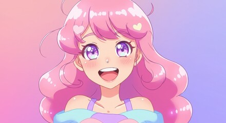 Obraz premium Good anime character emotions. Happy girl with pink hair smiling on colorful background