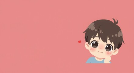 Good anime character emotions. Cute boy thinking with a heart on a pink background